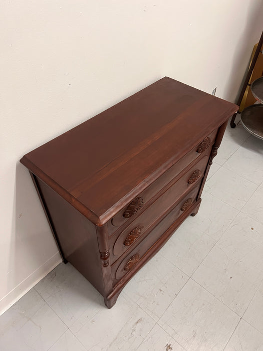 Vintage Mahogany Wood Dresser 3-Dovetailed Drawers with Solid Wood Ornate Pine Cone Handle Design