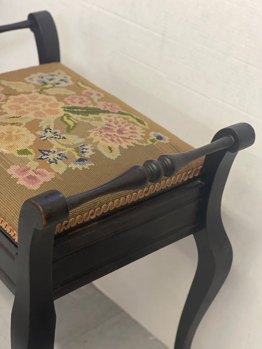 Vintage UK Imported Black Toned Wood Needlepoint Stool Upholstered Accent Bench with Storage on Cabriole Legs