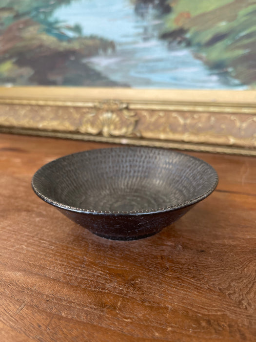 Textured Studio Pottery Bowl in Dark Iron-Glaze Finish with Radiating Pattern
