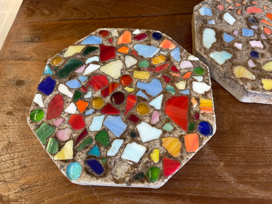 Pair of Vintage Mosaic Glass and Concrete Octagonal Stepping Stones