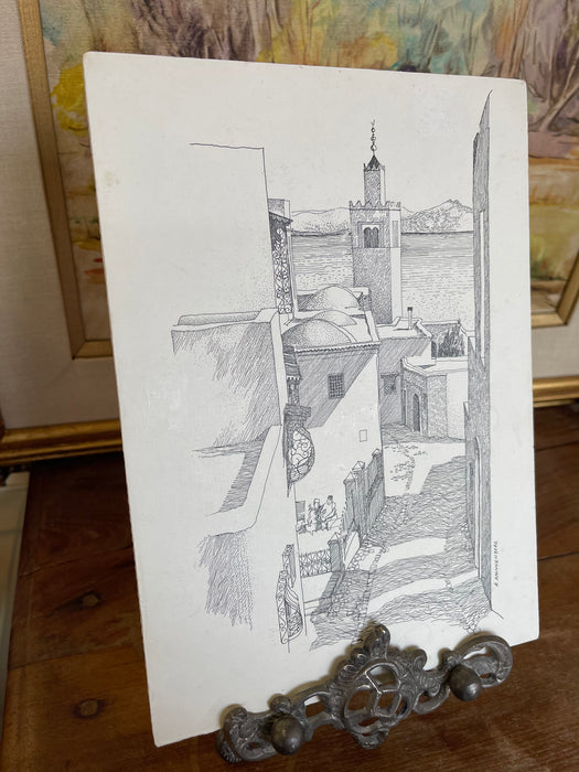 Vintage 1971 Tunis Tunisia Architectural Ink Drawing by K. Winnenberg, Street Scene Artwork