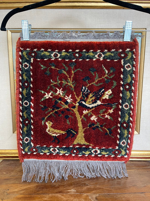 Vintage Handwoven Small Rug with Birds and Tree Motif, Folk Art Accent Mat.