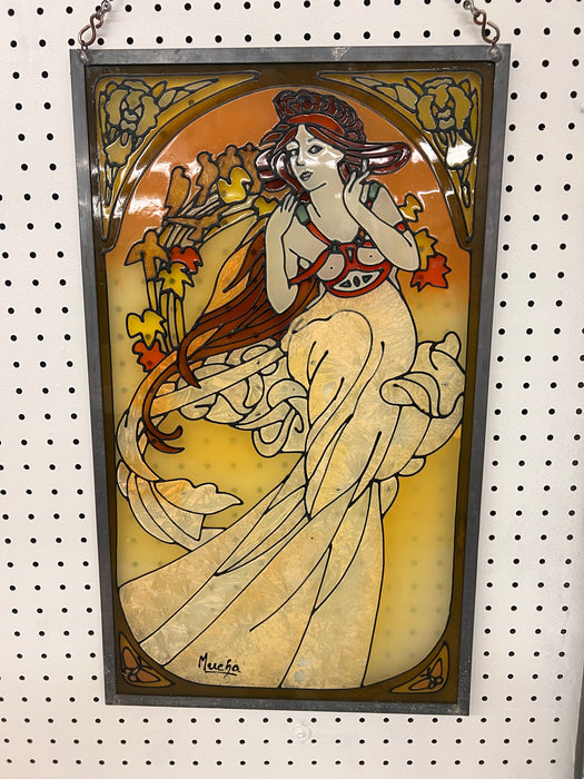 Early 20th Century Antique Art Nouveau Style Stained Glass Hanging Panel by Alfons Mucha Signed