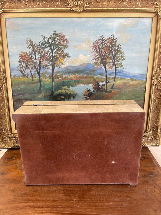 Vintage Possibly Tessellated Stone and Brass Toned Inlay Jewelry or Keepsake Box with Velvet-like Interior.