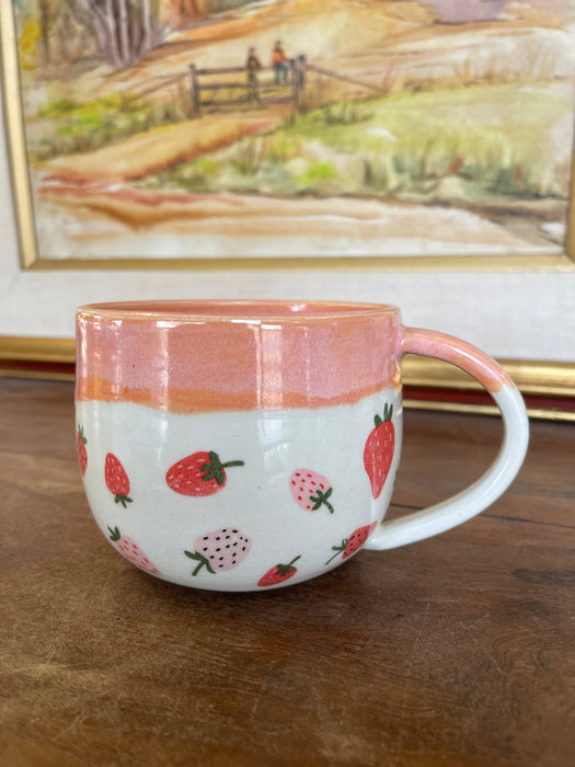 Handmade Wheel-Thrown Ceramic Strawberry Mug with Peach Glaze Interior
