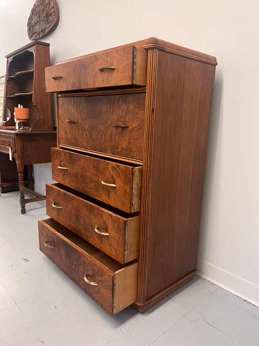 Vintage Art Deco Retro Figured walnut Burl wood Dresser With Fold out Writing Desk with Original Handles Brass Finished