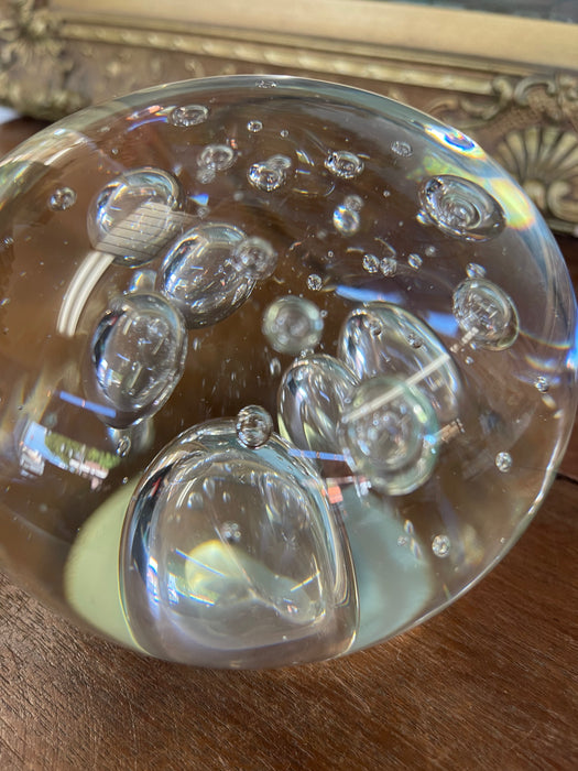 Vintage Mid-Century Modern Clear Glass Paperweight with Controlled Bubbles