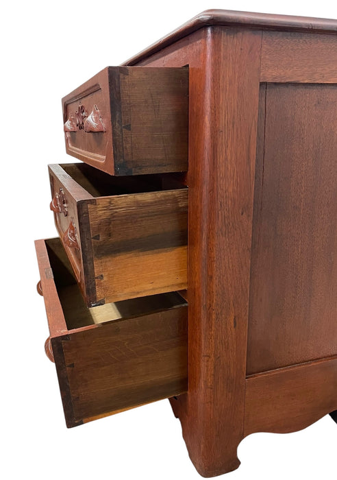 French Provincial Style Three-Drawer Chest with Carved Leaf Motifs and Dovetail Joinery