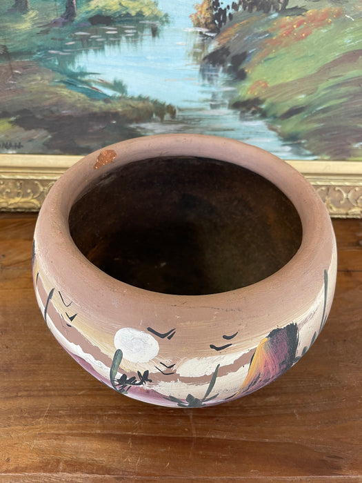 Hand-Painted Terracotta Desert Landscape Pot Marked "Mexico"