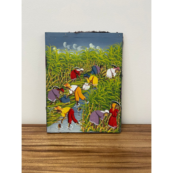 Vintage Signed Painting on Fabric Canvas of Field Workers.