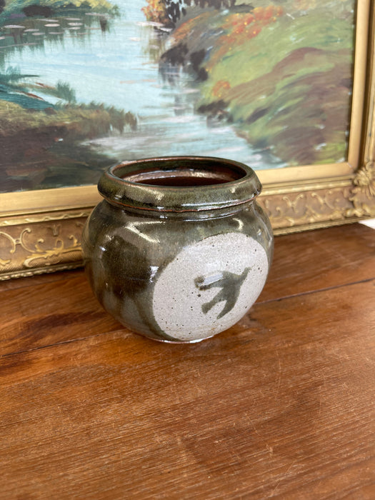 Vintage Studio Pottery Jar with Glazed Bird Silhouette and Earthy Green Finish