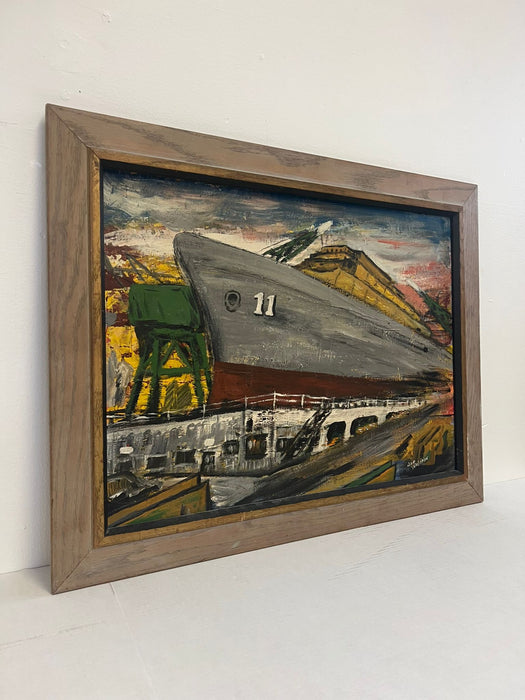 Vintage Mid Century Modern Style original Boat Yard painting.