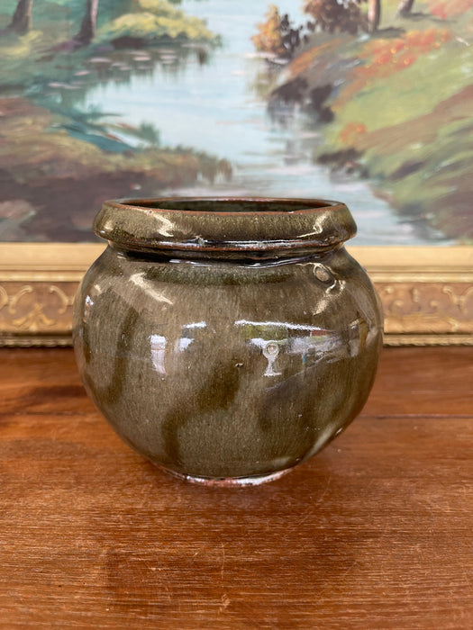 Vintage Studio Pottery Jar with Glazed Bird Silhouette and Earthy Green Finish