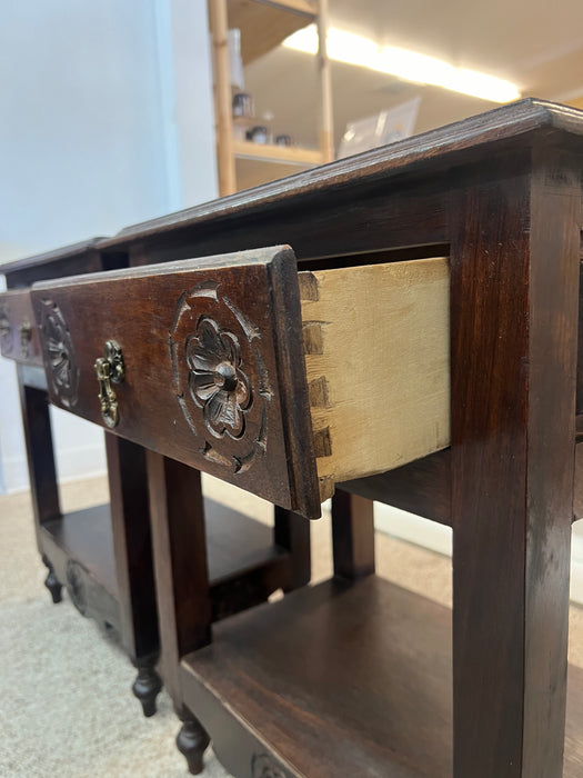 Pair of Portuguese Two-Tier End Tables Rose Carved Facia Imported From Uk Dovetailed Drawers