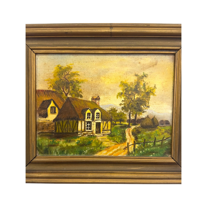 Vintage Unsigned Cottage Landscape Oil Painting – Framed European Countryside Scene
