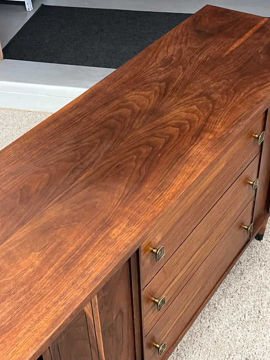 Vintage Mid Century Modern Walnut Wood Credenza Buffet 3 Drawers with Milled Metallic Knobs