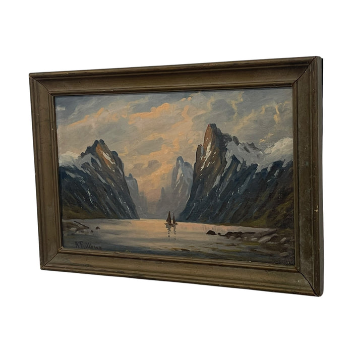 Vintage Signed K. Fjeilberg Mountain Landscape Painting with Sailboats in Gilt Wood Frame Possibly 1930s Norway