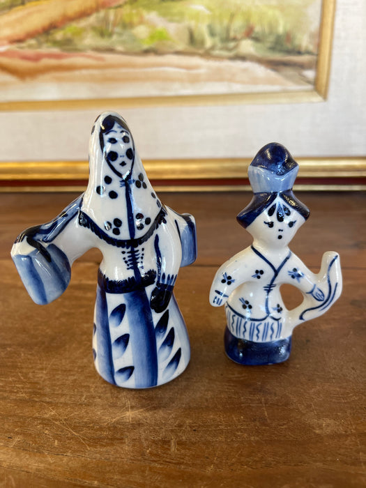 Vintage Blue and White Porcelain Figurine Pair, Hand-Painted Folk Figures
