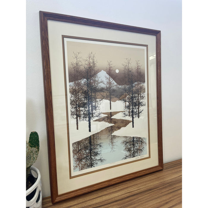 Vintage Print on Paper With Brown Wood Frame Nature Scene