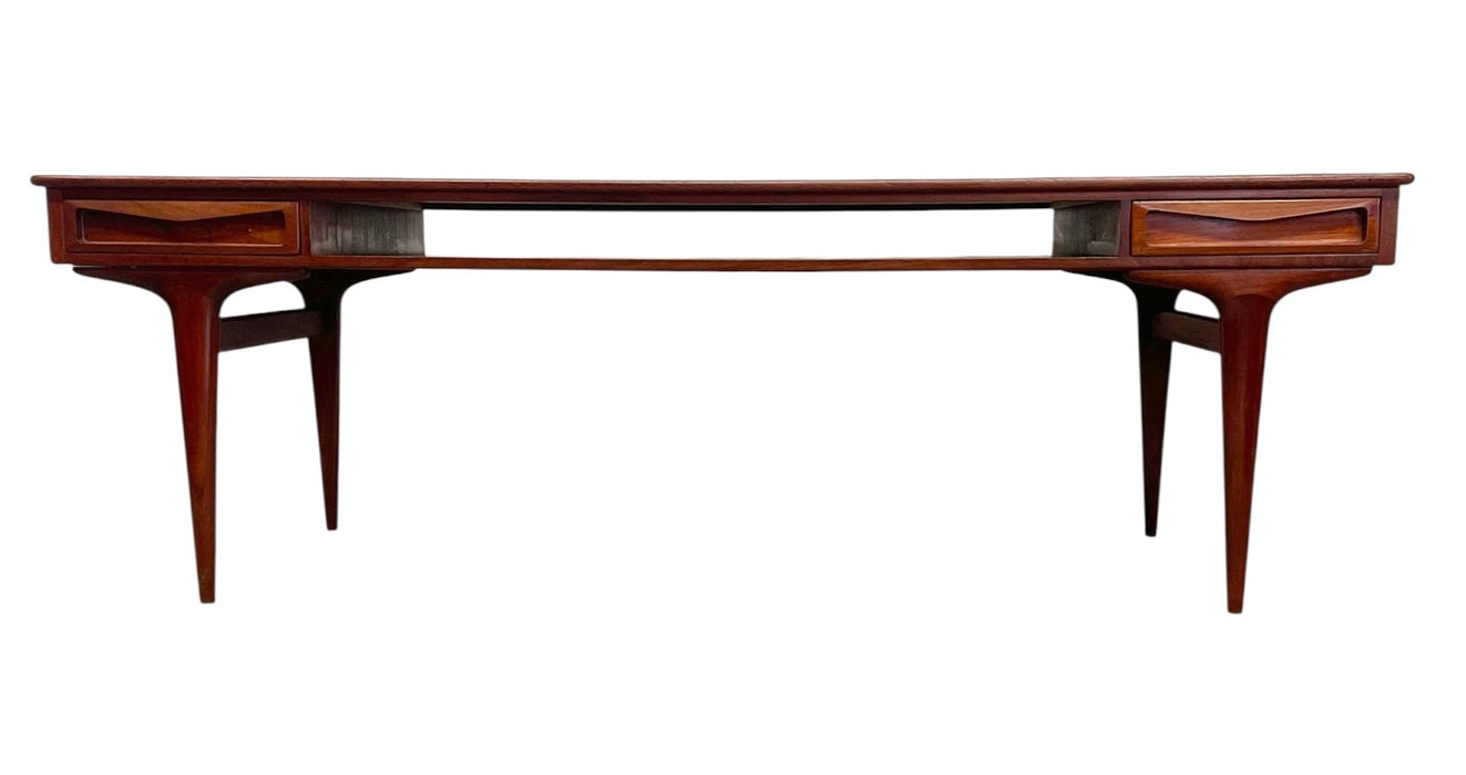 Vintage Mid Century Modern Danish Style Coffee Table with Sculpted Drawer Pulls and Open Shelf Storage