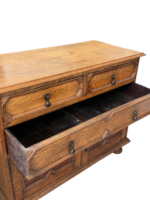 Early 20th Century Antique Jacobean Style English Cabinet with Oak Construction and Metal Drop Pulls