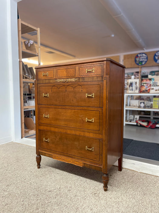 Early 20th Century Neoclassical Style Inlaid Mahogany Tall Chest with Brass Pulls