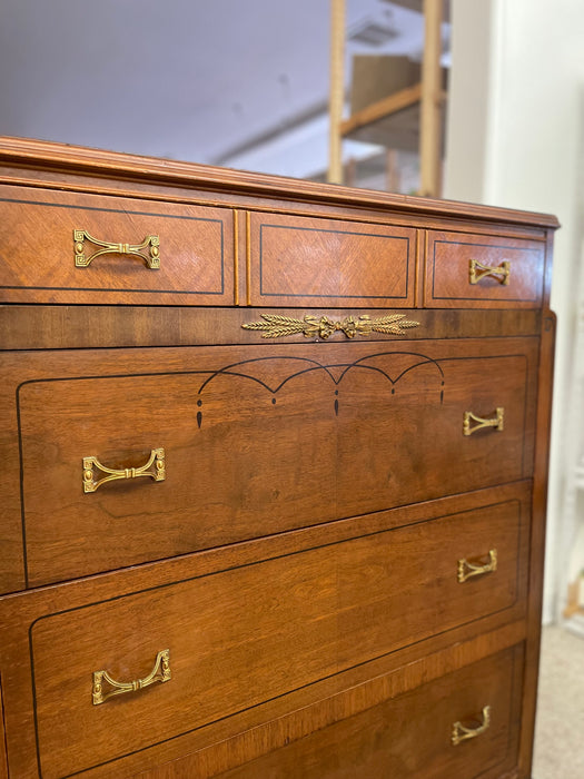 Early 20th Century Neoclassical Style Inlaid Mahogany Tall Chest with Brass Pulls
