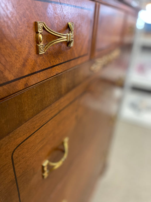 Early 20th Century Neoclassical Style Inlaid Mahogany Tall Chest with Brass Pulls