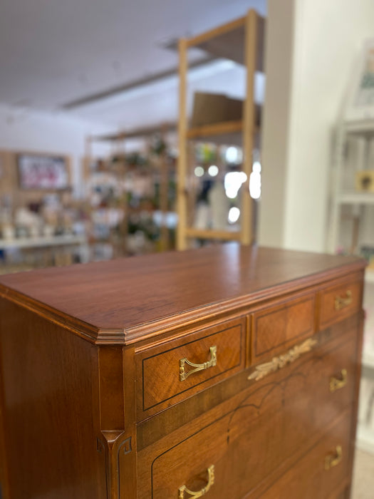 Early 20th Century Neoclassical Style Inlaid Mahogany Tall Chest with Brass Pulls