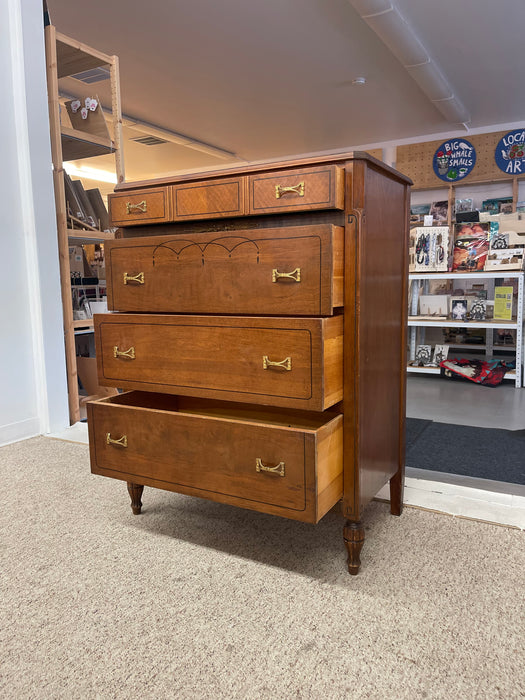 Early 20th Century Neoclassical Style Inlaid Mahogany Tall Chest with Brass Pulls