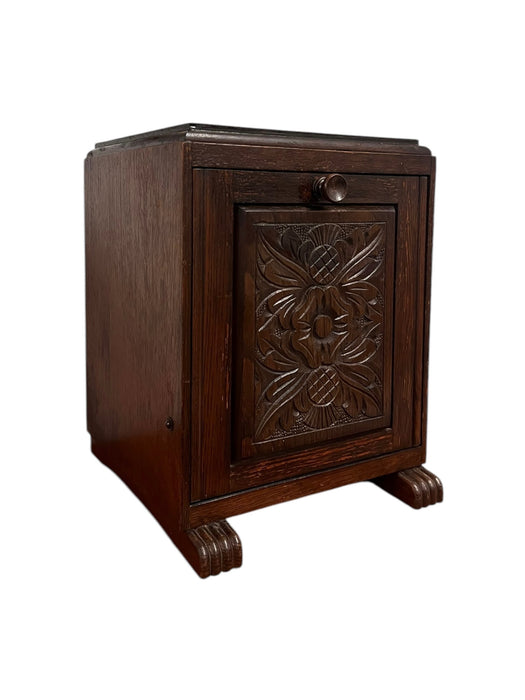 Petite Early 20th Century English Coal Bin Accent Table or Magazine Storage Rack with Floral Carvings