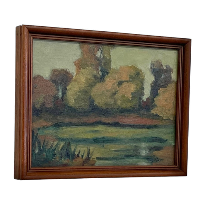 Signed Landscape Painting of Pond with Autumn Trees in Wood Frame