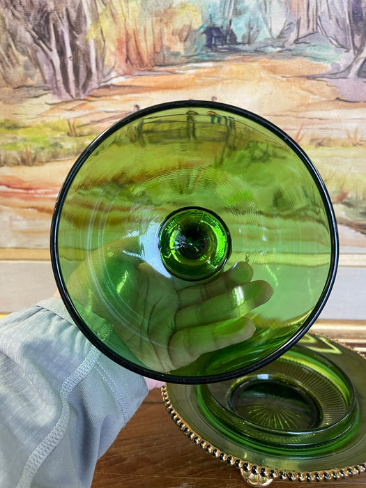 Vintage Green Glass Covered Candy Dish with Pedestal Base and Brass-Toned Mount