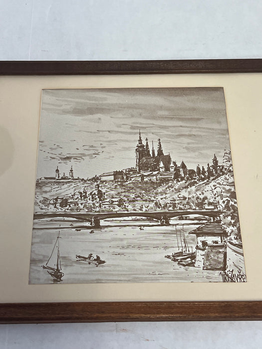 Vintage Framed Art Print depicting a town overlooking a body of water