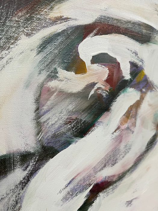 Large Contemporary Abstract Floral Painting on Canvas in Silver Frame, White Blossoms Still Life