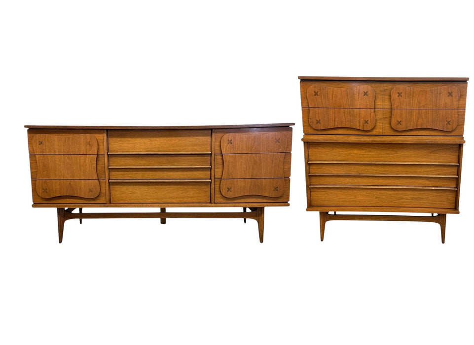 Vintage Bassett Monterey Mid-Century Modern Walnut 5-Drawer and 9-Drawer Dresser Set with Rosewood ‘X’ Inlays by Leo Jiranek Circa 1963
