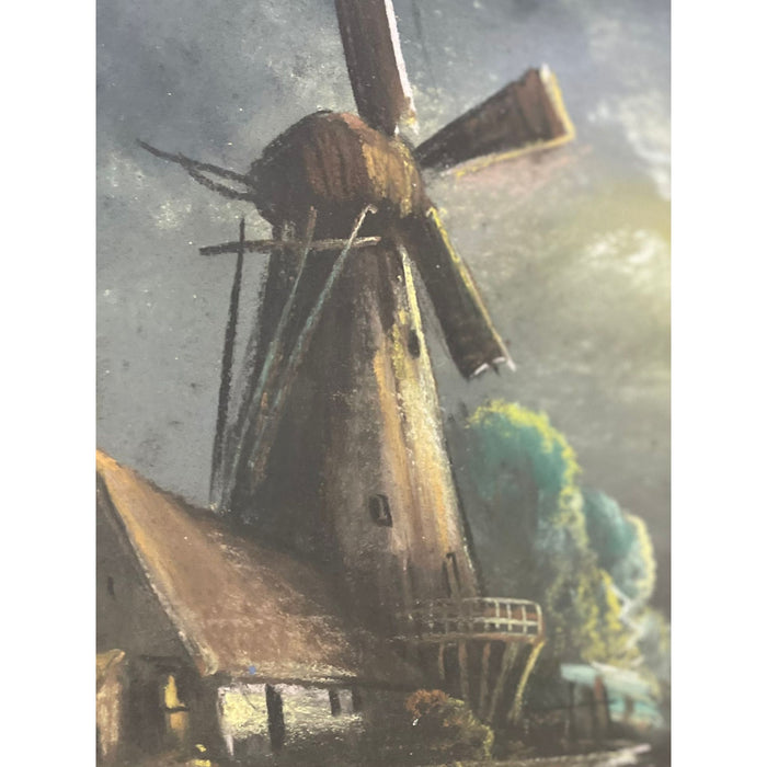 Vintage Original Landscape Windmill Artwork Within Victorian Style Frame