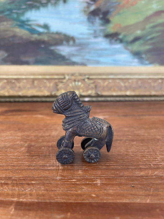 Likely Antique Bronze Toned Toy Horse on Wheels, Tribal Folk Art Figurine from India