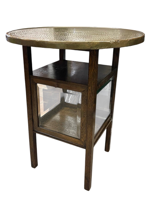 Vintage Arts & Crafts Side Table with Hammered Brass Tray Top and Glass Display Cabinet