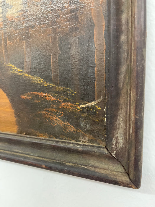 Vintage Framed Landscape Painting of Mountain Path at Sunset, Signed, Folk Art Style