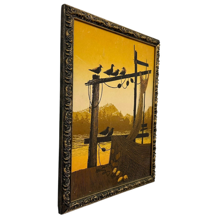 Vintage Walton Butts "Fishnets" Signed Serigraph – Mid-Century Modern Coastal Harbor Silkscreen Print.