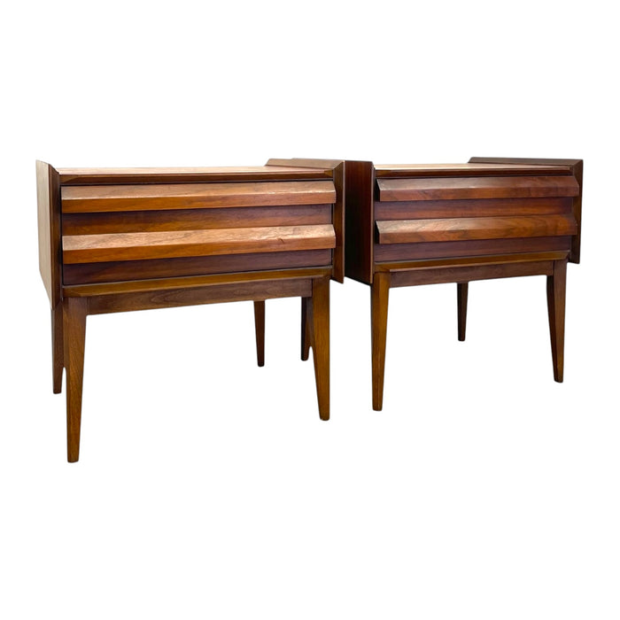 Vintage Lane First Edition Mid Century Modern Walnut Nightstand End Table Set by Lane Furniture.