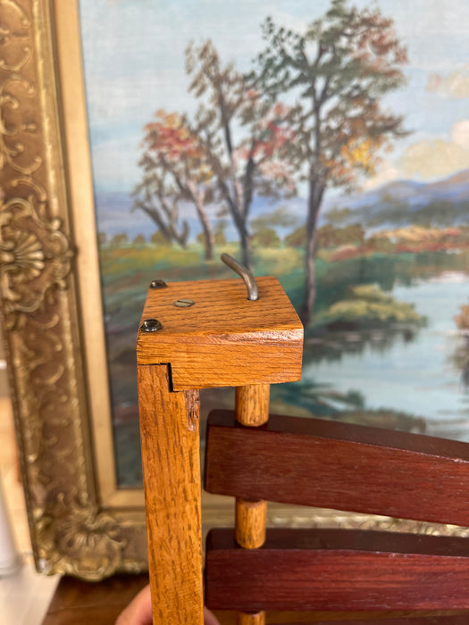 Vintage Wooden Swing-Arm Wall-Mounted Quilt or Towel Rack in Likely Oak and Mahogany.