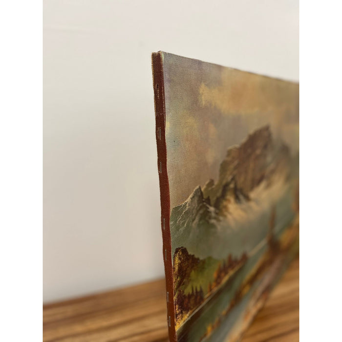 Vintage Landscape Print on Canvas. Mountains Over a Lake.