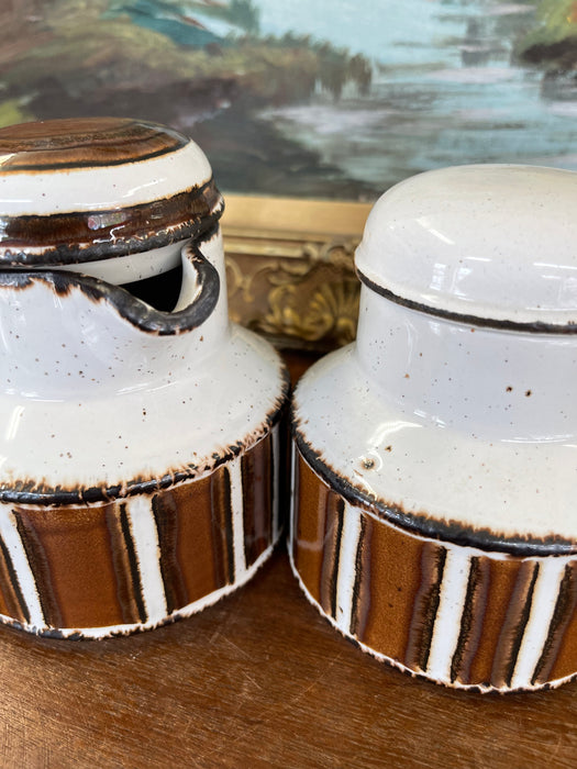 Vintage Mid-Century Modern Midwinter Pottery Creamer and Lidded Sugar Bowl Set, Hand-Painted in England