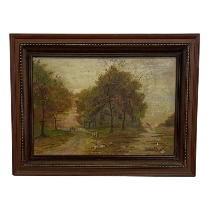 Vintage Framed Rural Landscape Painting on Canvas Board, Signed G.E.K.