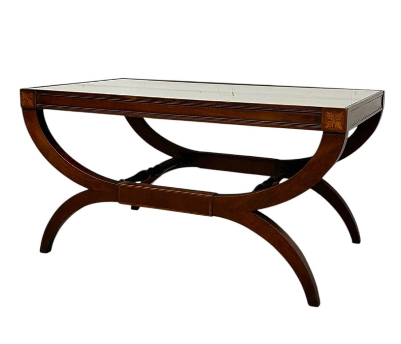 Vintage Neoclassical Style Coffee Table with Removable Glass Top, Curved Saber Legs and Floral Inlay Accents
