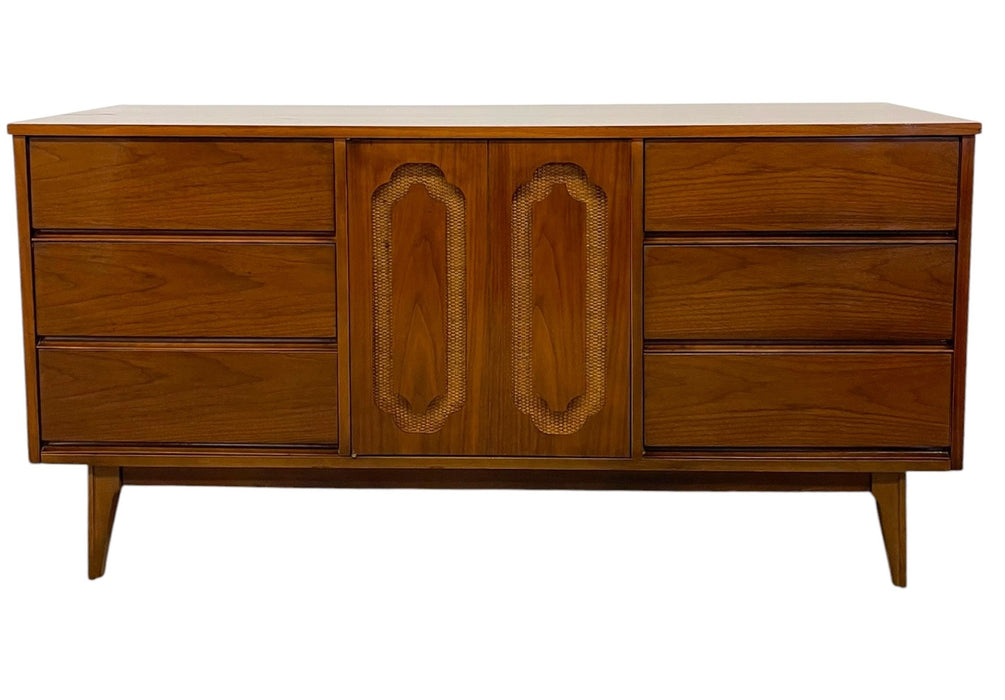 Vintage Mid Century Modern Walnut Toned Credenza with Cane Door Front and Dovetailed Drawers