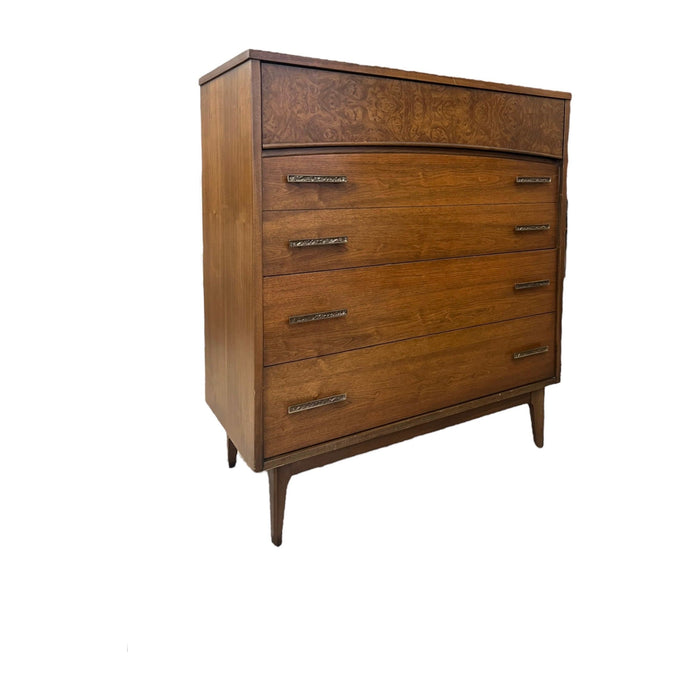 Vintage Mid Century Modern Walnut Dresser 4 Drawers Dovetailed Drawers Burl Front Accent