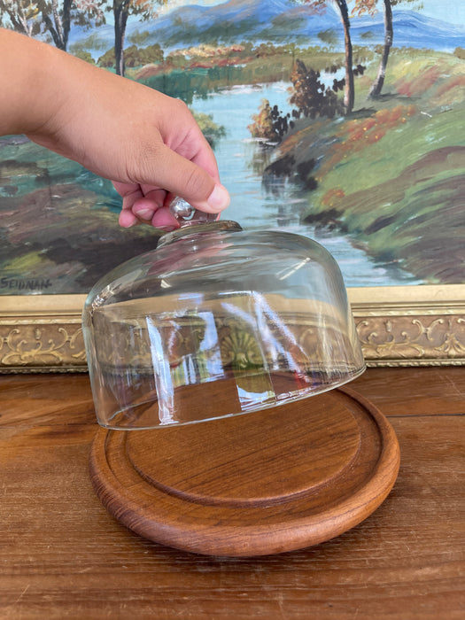 Vintage Mid-Century Modern Glass and Teak Cheese Dome by Goodwood Thailand